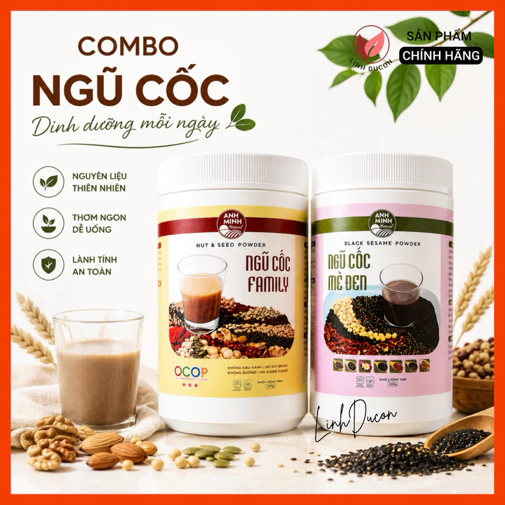 Combo Bột Ngũ Cốc Thực Dưỡng 20 Hạt & Bột Mè Đen 7 Hạt Đậu | Giàu Vitamin, Protein, Canxi – Bổ Máu Lợi Sữa Linhducon