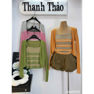 Set Áo 2 Dây Kẻ Kèm Cardigan QC