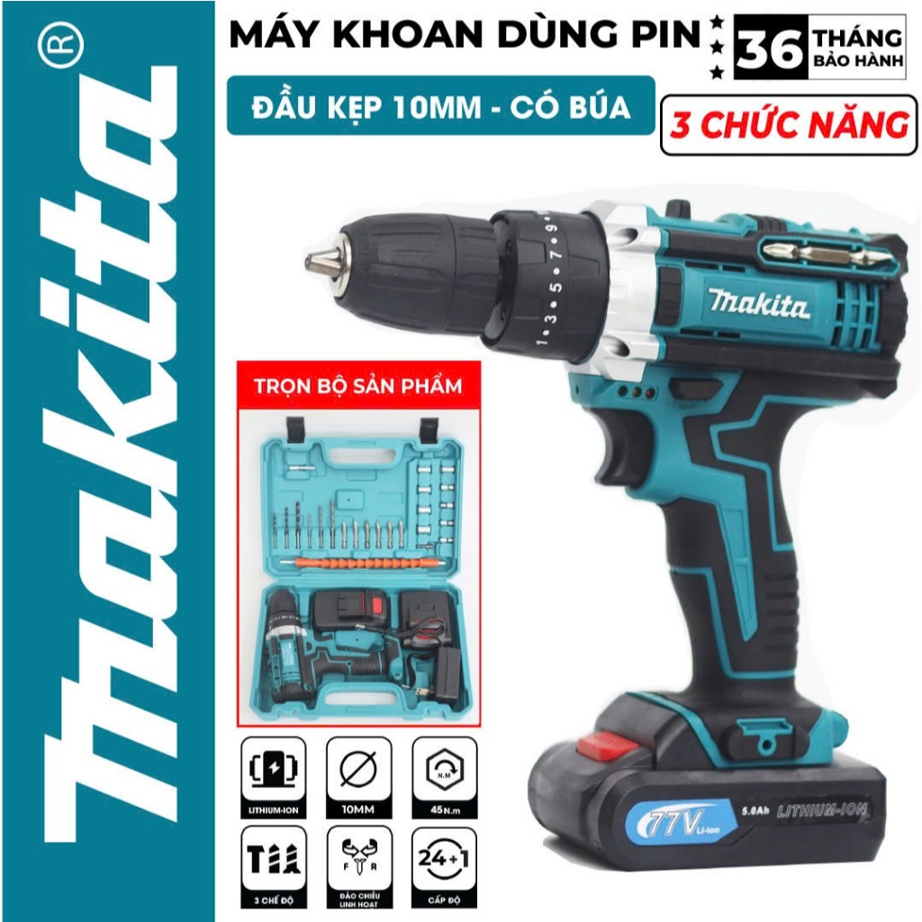 Máy Khoan Không Dây Makita 77vf Đầu Kẹp 10mm - 3 Chức Năng Có Búa - TẶNG BỘ ĐỒ PHỤ KIỆN ĐA NĂNG