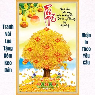 Tranh cây kim tiên dán tường, tranh thần tài di lặc, tranh in trên chất liệu vải lụa (shop tặng kèm keo dán)