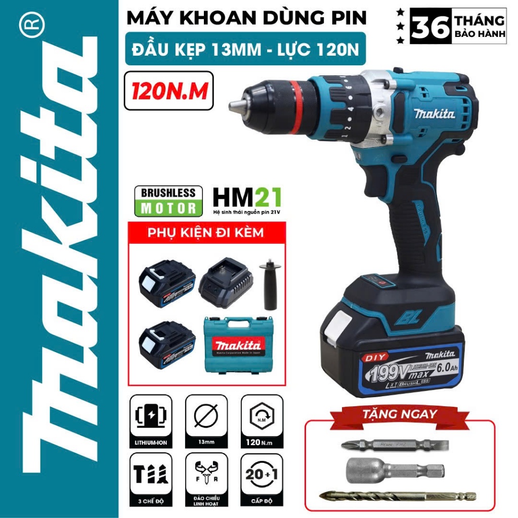 Máy Khoan Pin 3 Chức Năng Makita 199vf, Lực Siết 125Nm, Không Chổi Than Đầu kẹp 13mm Autolock - Tặng 3 mũi