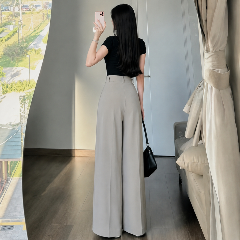 Quần Tây Suông Ống Rộng (Chất Gold Nhật) Phối Ly Lệch Lưng Cao Siêu Tôn Dáng