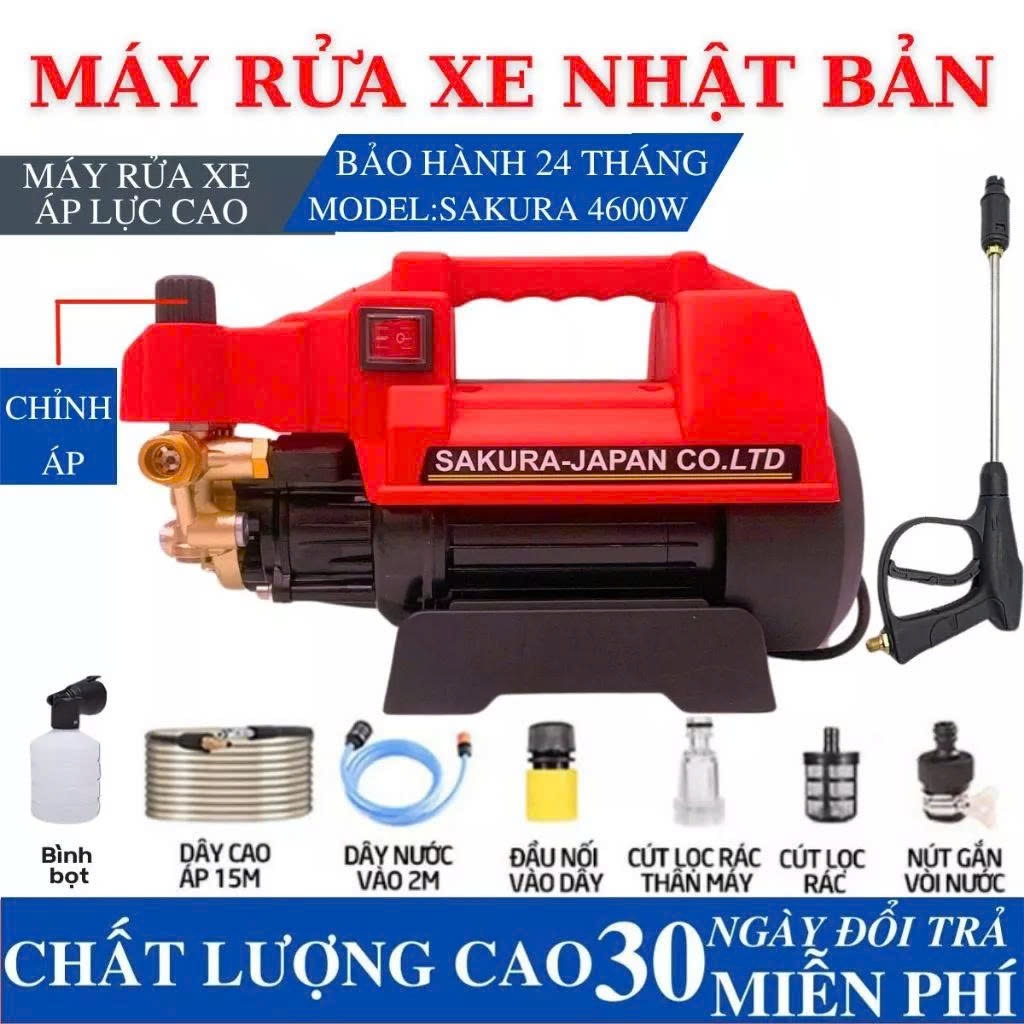 [BH 2 Năm] Máy xịt rửa xe, sân vườn Sakura YC007 Có Chỉnh Áp và Sakura A6 Không Chỉnh Áp - Tặng bộ phụ kiện