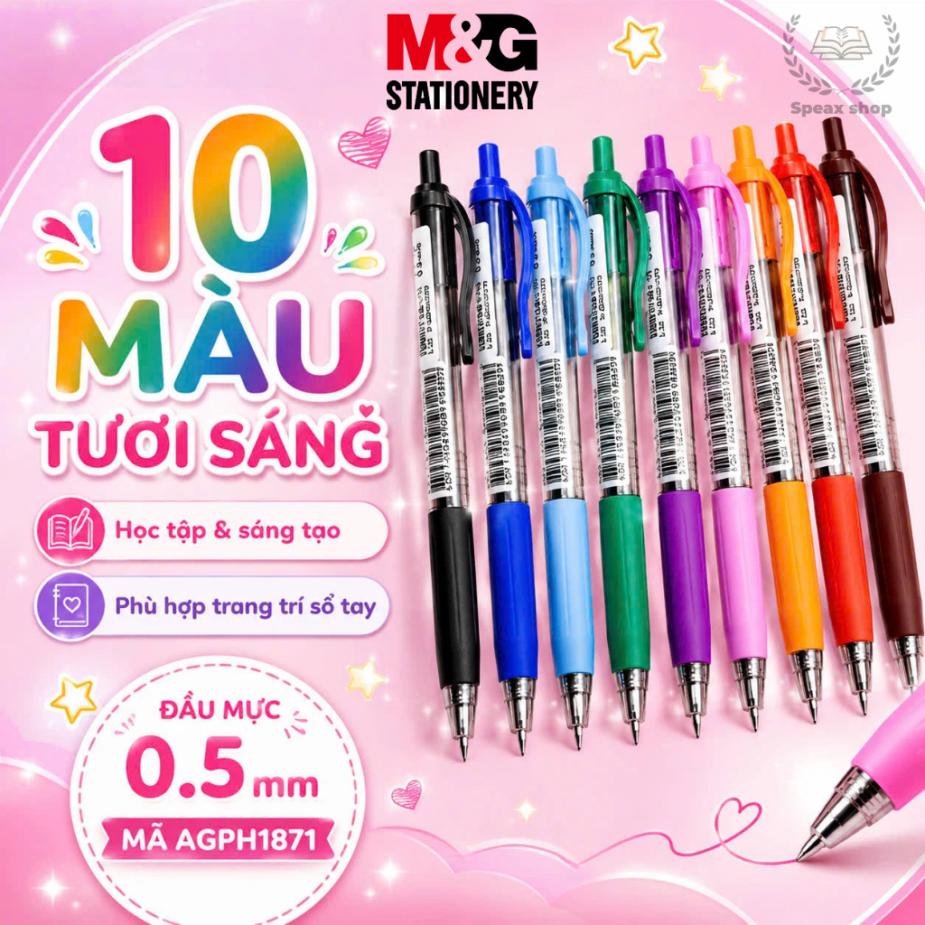 Bút Gel Bấm M&G AGPH1871 0.5mm – 10 Màu Nổi Bật, Mực Tím/Đen/Xanh/Đỏ, Trang Trí Sổ Tay