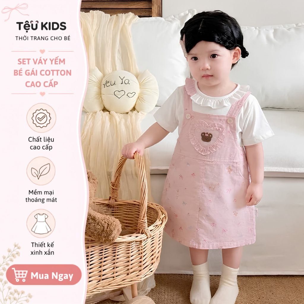 Sét Váy Yếm Bé Gái Dễ Thương Tệu Kids - Yếm Bé Gái Siêu Xinh Áo Coton Cổ Bèo Mùa Hè Cho Bé 11 - 21kg