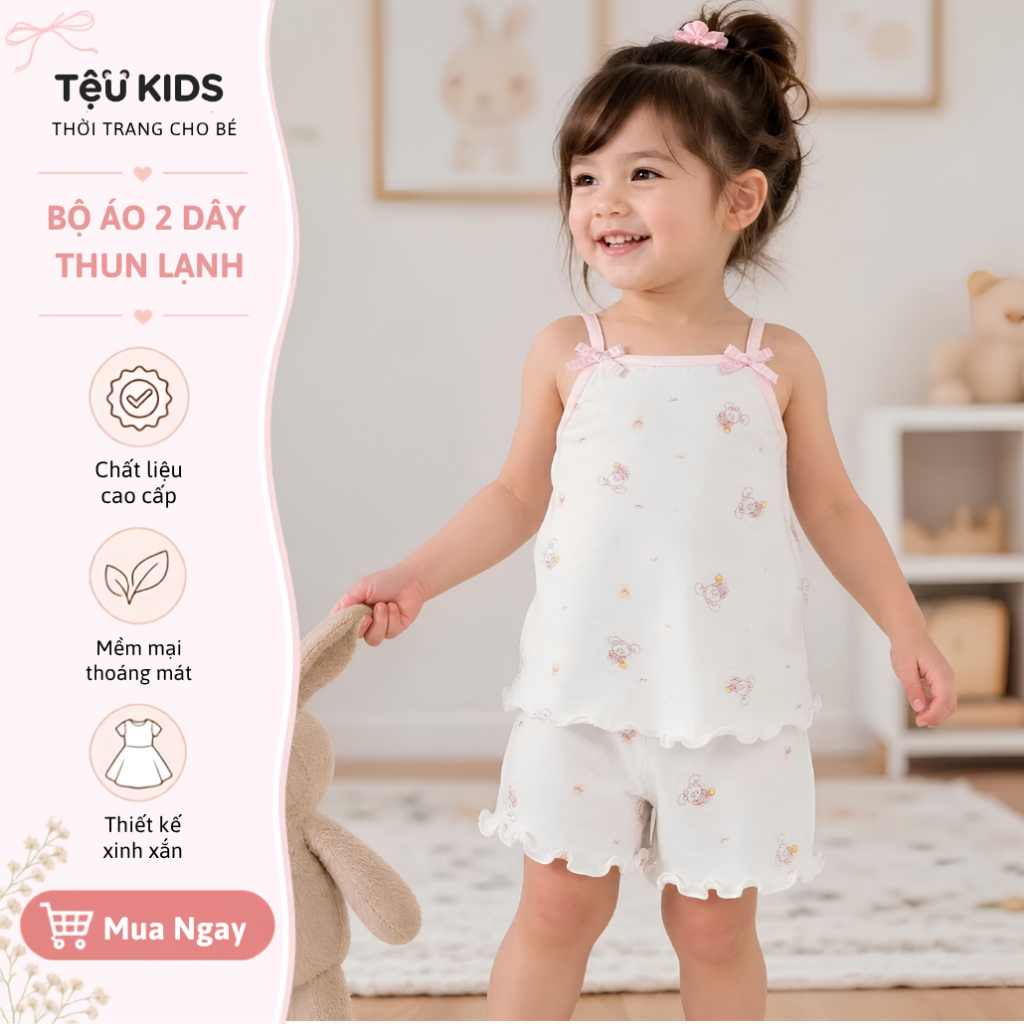 Bộ 2 Dây Thun Lạnh Bé Gái Tệu Kids - Set Đồ Mềm Mát Co Giãn Thoải Mái Mùa Hè Cho Bé 13 - 24kg