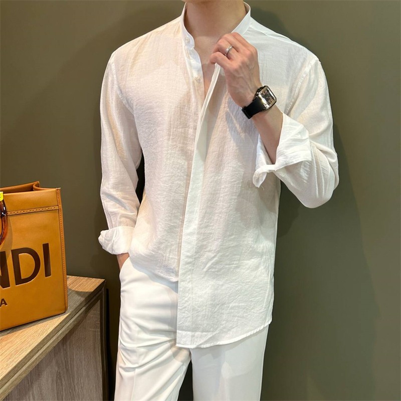 Áo Sơ Mi Dài Tay Cổ Đứng Chất Vải Đũi Nhăn Thiết Kế Basic - 7S Clothes Menswear ( Sơ Mi Cổ Tàu )