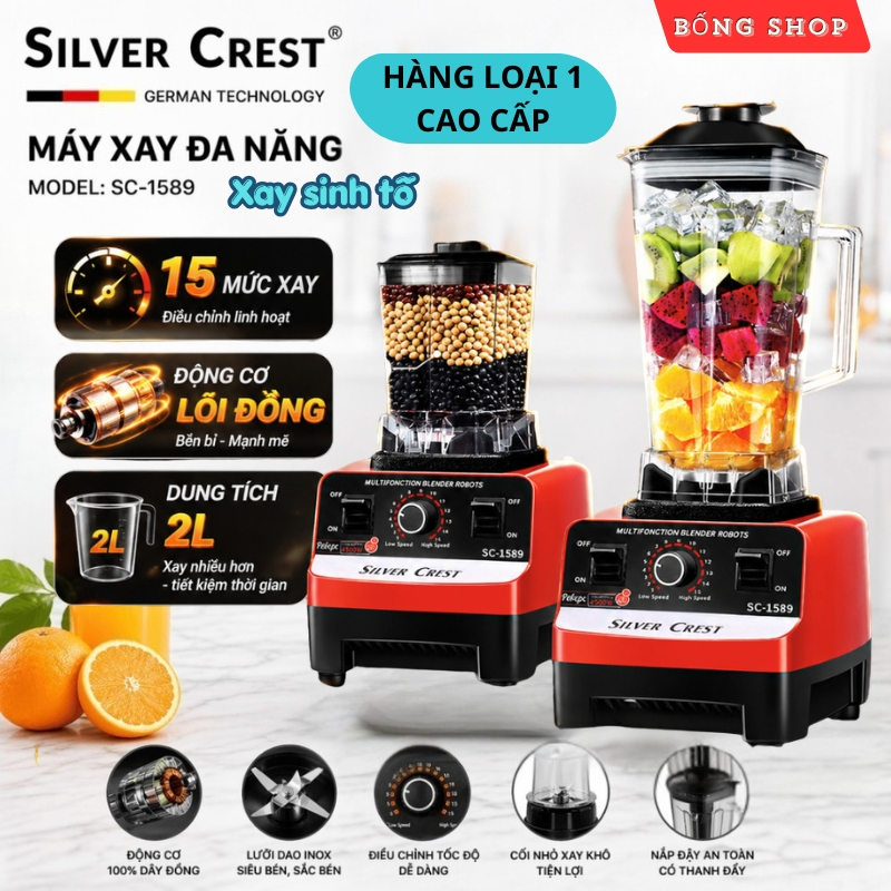 [ BẢN 2 CỐI XAY ] Máy Xay Sinh Tố Đa Năng SILVER CREST, Máy Xay Công Nghiệp 2 Cối Xay Công Suất 4500W,15 Mức Xay Cao Cấp