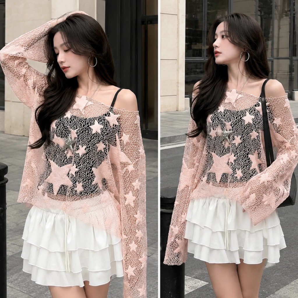 MADMIND Áo Lưới Nữ Trễ Vai Ngôi Sao Tay Dài A42 - Áo Lệch Vai Mặc Đi Biển Mùa Hè Màu Trắng , Hồng , Đen | BigBuy360 - bigbuy360.vn