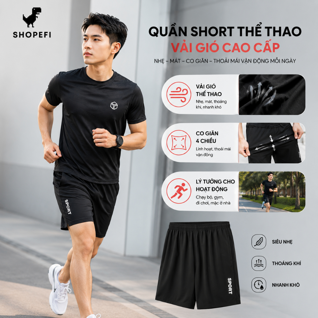 Quần short nam thể thao Chất liệu vải gió trơn thoáng mát