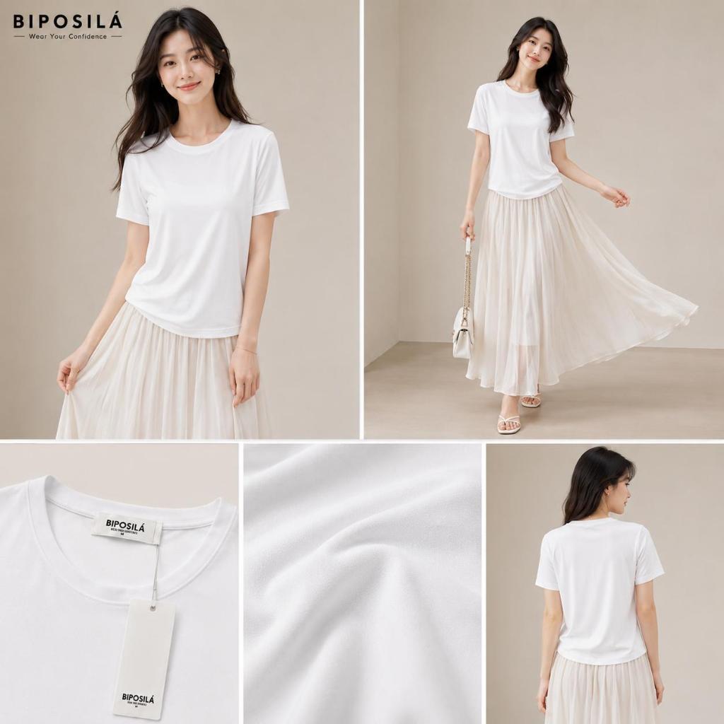 [A35 MỚI- VẢI RŨ, CỔ TRÒN] ÁO THUN NỮ CỔ TRÒN  BASIC BI.POSILÁ FORM SUÔNG VỪA | Cotton Borip Co Giãn 4 Chiều Mềm Mịn