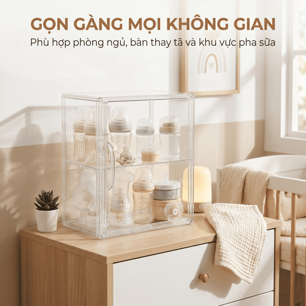 Tủ Đựng Bình Sữa Cho Bé Trong Suốt, Hộp Đựng Đồ Sơ Sinh Chống Bụi, Có Kệ Tháo Rời