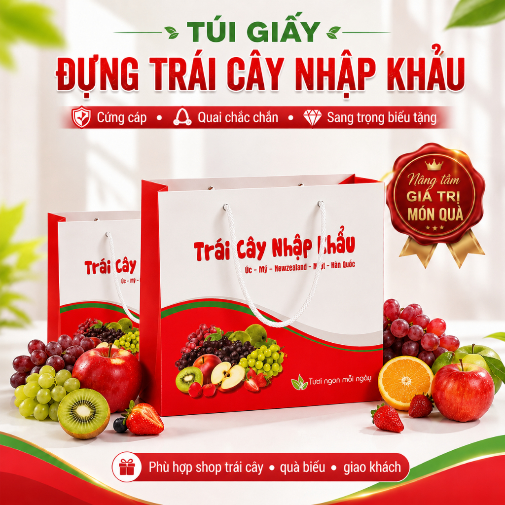Combo 25 Túi Giấy Đựng Hoa Quả Mẫu Trái Cây Nhập Khẩu Màu Đỏ Quai Xách Dây Chắc Chắn Tiện Lợi