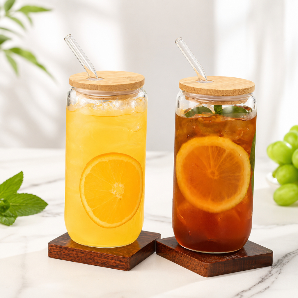 Ly thủy tinh Hình Lon Bia Chịu Nhiệt 350ml/500ml, trong suốt, có nắp, có ống hút