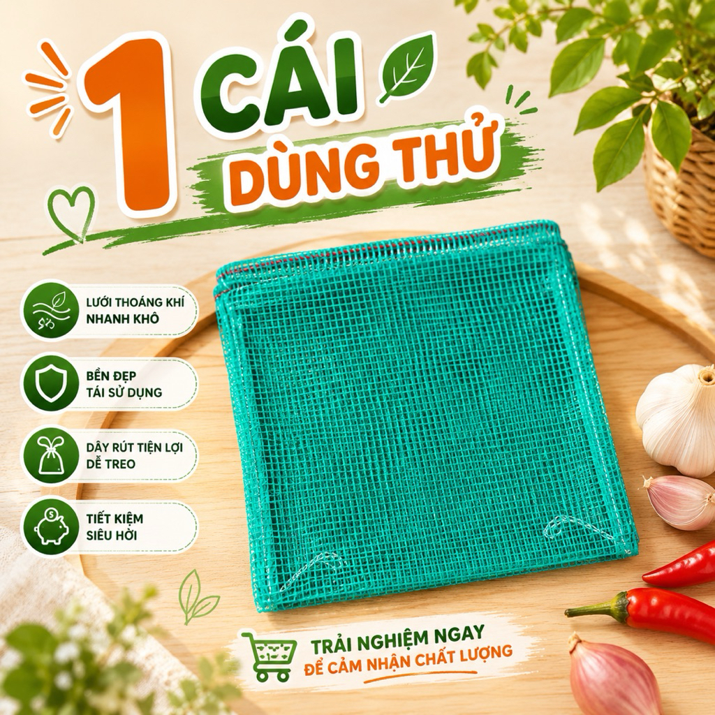 Combo 5 Túi Lưới Mini Dây Rút 20x20cm – Treo Hành Tỏi, Đựng Đồ Nhà Bếp & Nhà Tắm, Thoáng Khí, Bền Đẹp