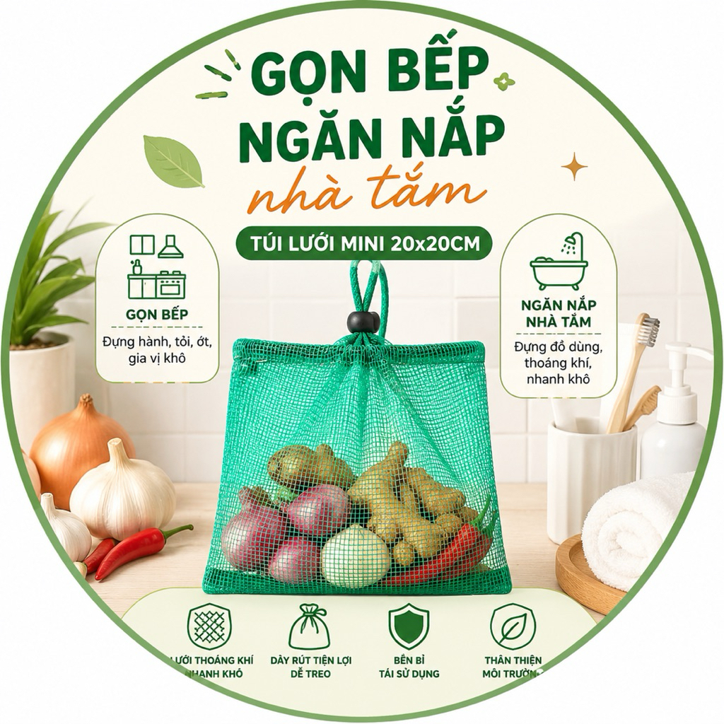 Combo 5 Túi Lưới Mini Dây Rút 20x20cm – Treo Hành Tỏi, Đựng Đồ Nhà Bếp & Nhà Tắm, Thoáng Khí, Bền Đẹp
