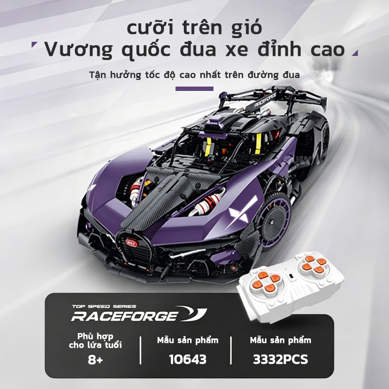Mô hình chi tiết cao cấp Bugatti Bolide lắp ráp 1:8 | Mã 10643 3332 mảnh điều khiển từ xa nâng hạ chassis phun sương