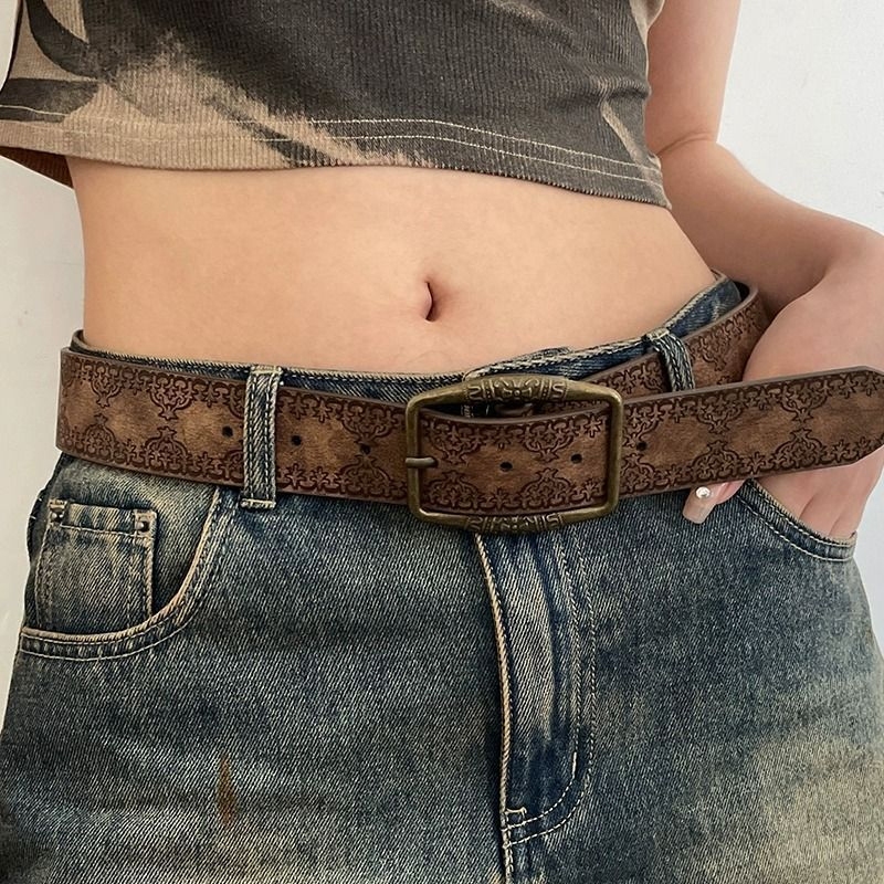 【dynamar】Hàng Có Sẵn--Thắt lưng nữ kiểu Mỹ cổ điển, phong cách dân tộc, chất liệu denim, màu nâu cao cấp, đa năng.
