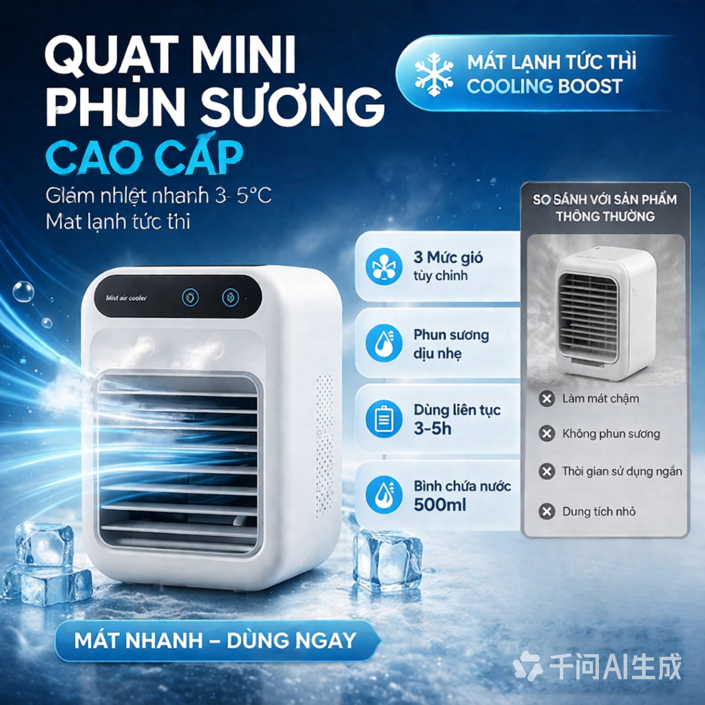 Quạt điều hòa mini phun kép - Làm mát tức thì 3-5°C, bình chứa nước 500ml, hoạt động liên tục 3-5 giờ, tiết kiệm năng lư