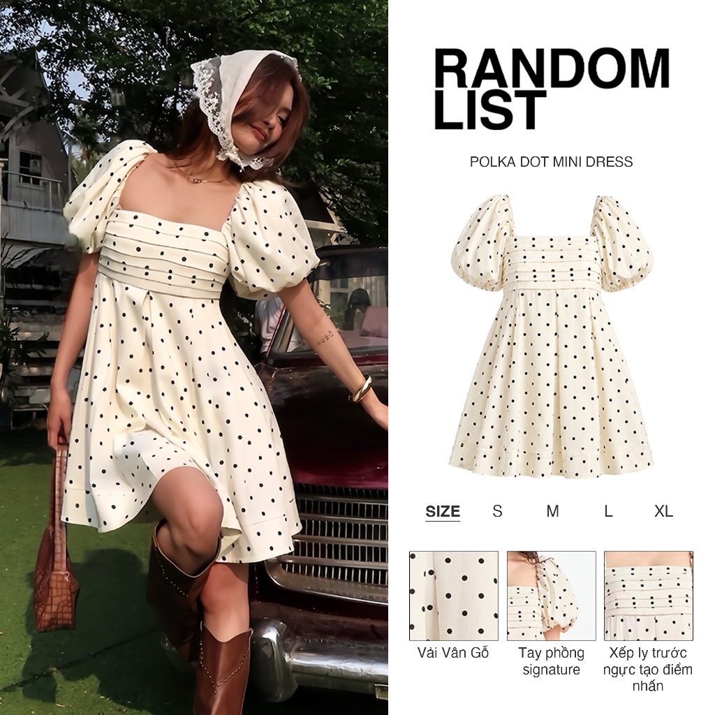 RANDOMLIST - Đầm babydoll chấm bi tay phồng dáng ngắn màu trắng - Polka Dot Mini Dress