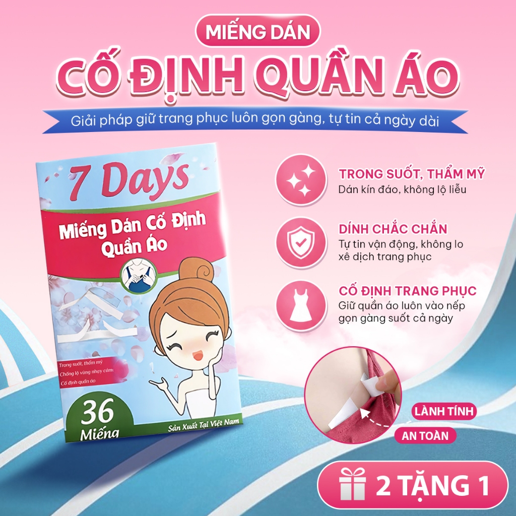Miếng Dán Cố Định Quần Áo 7Days Tape 36 Miếng, Băng Dính Thời Trang Hai Mặt Chống Hở Ngực Áo Sơ Mi Váy Cổ Sâu