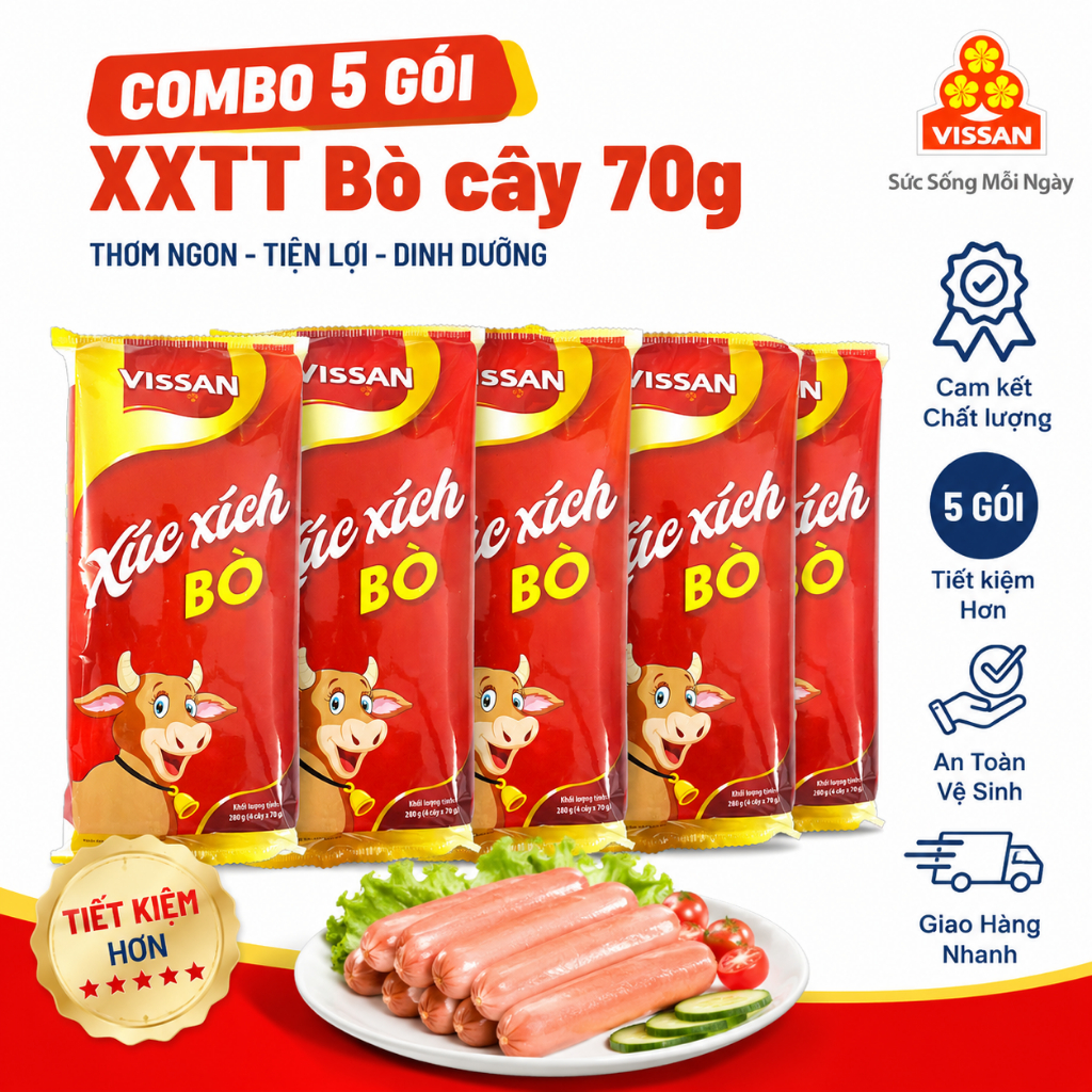 [Combo 5 gói] Xúc Xích Bò Vissan Ăn Liền Cây Lớn 70g – Gói 4 Cây (280g) Tiện Lợi