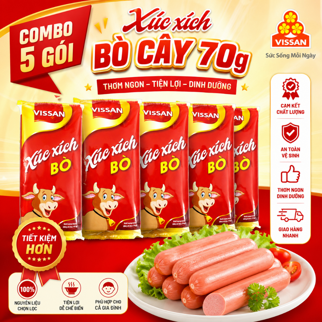 [Combo 5 gói] Xúc Xích Bò Vissan Ăn Liền Cây Lớn 70g – Gói 4 Cây (280g) Tiện Lợi