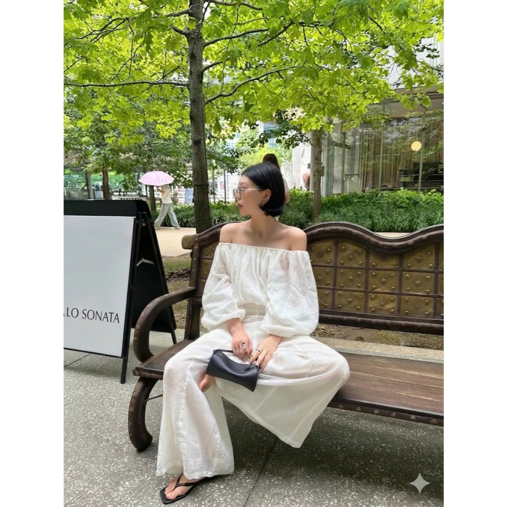 𝗡𝗵𝗶𝗻 - Áo Linen tưng vân gỗ trễ vai