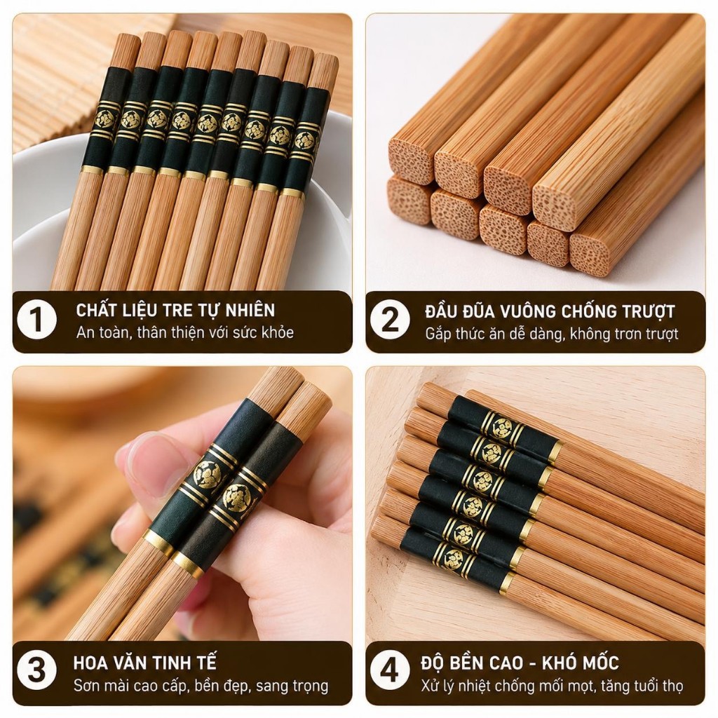 [ HỎA TỐC ] Combo 10-50 Đôi Đũa Tre BamBoo 24cm Chống Trơn Trượt , Nấm Mốc An Toàn Tiện Lợi - Đũa Ăn Cơm Cao Cấp