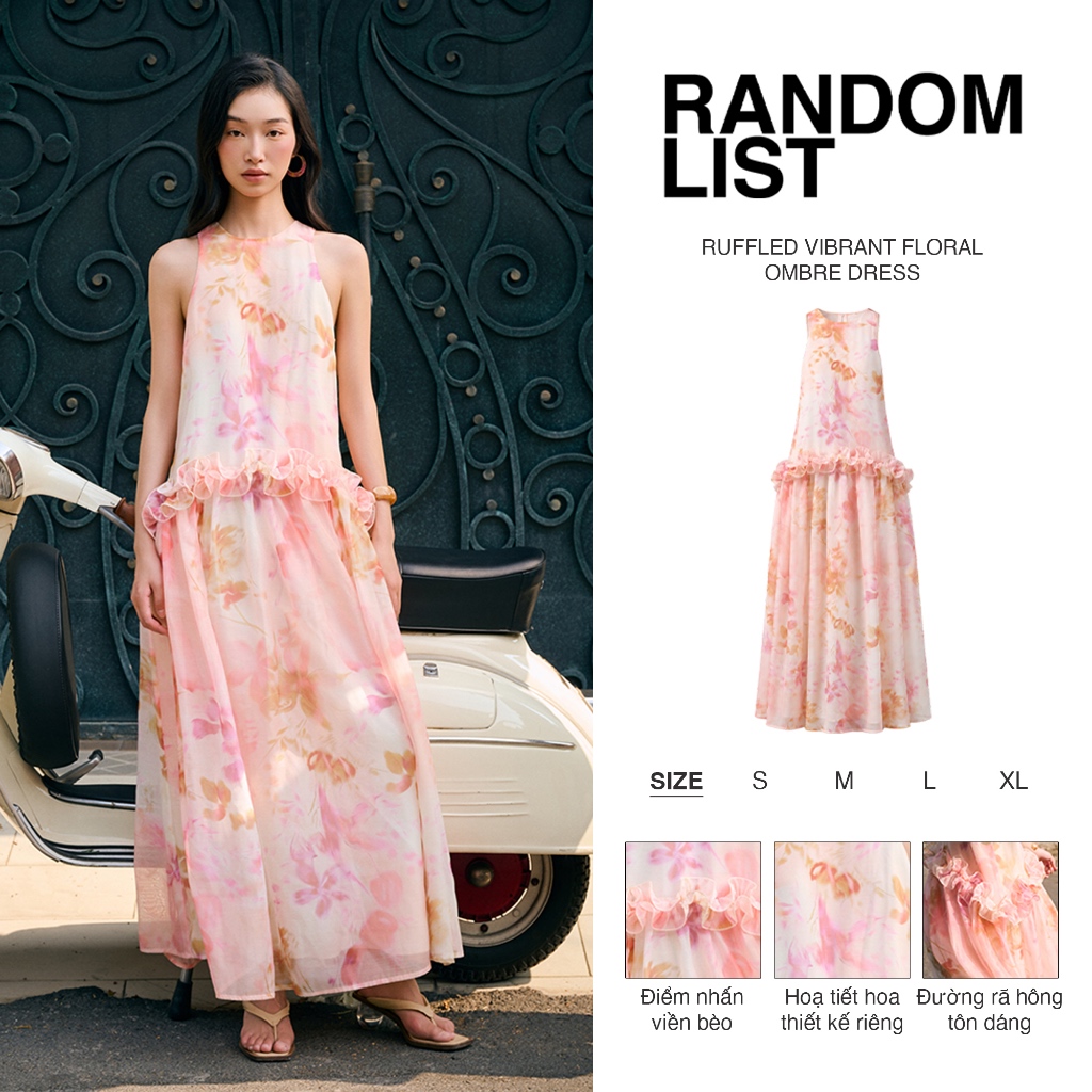 RANDOMLIST - Đầm maxi in hoa loang sát nách cổ yếm viền bèo dáng suông  - Ruffled Vibrant Floral Ombre Dress