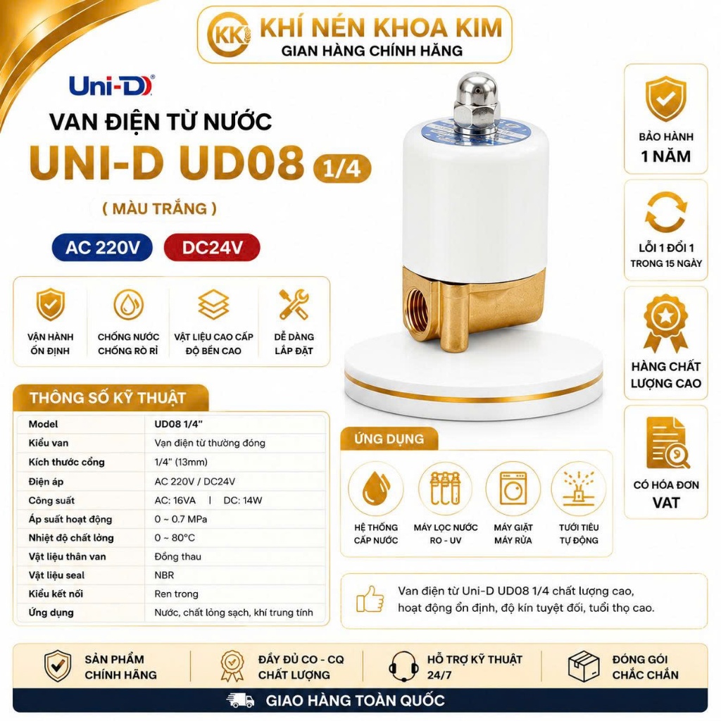 Van Điện Từ Nước UNI-D 220V 24V Thường Đóng Coil Đồng UD8 UW10 UW15 UW20 UW25 KHOA KIM Tưới Tự Động