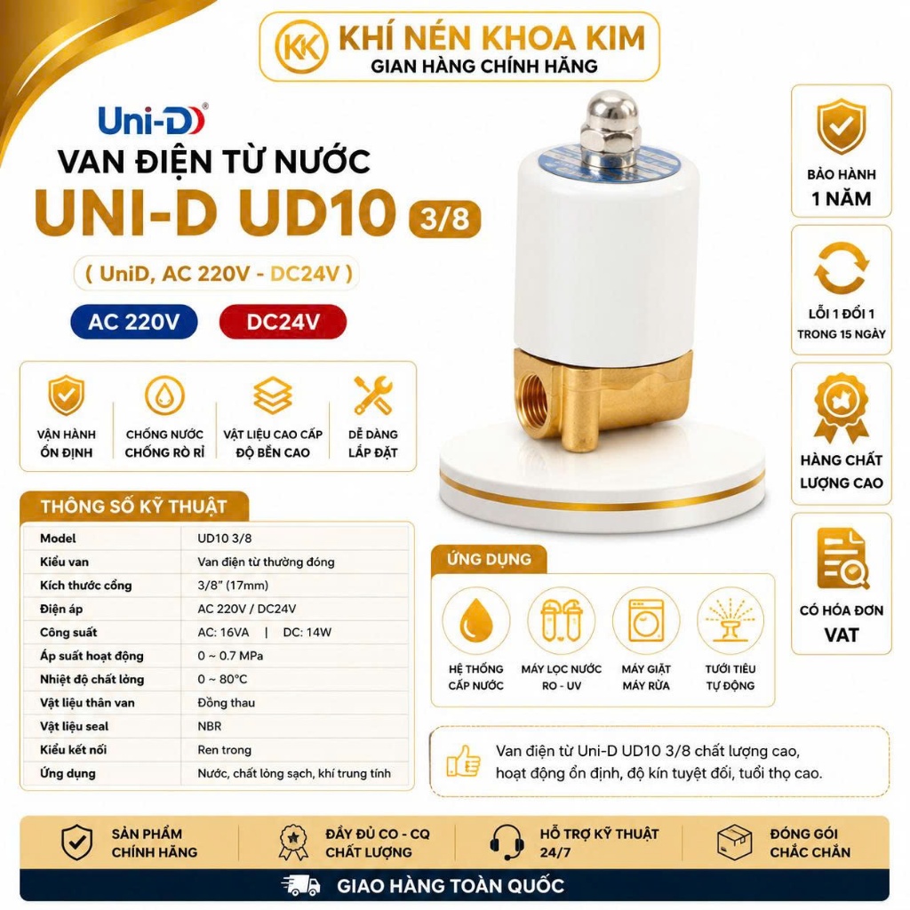 Van Điện Từ Nước UNI-D 220V 24V Thường Đóng Coil Đồng UD8 UW10 UW15 UW20 UW25 KHOA KIM Tưới Tự Động