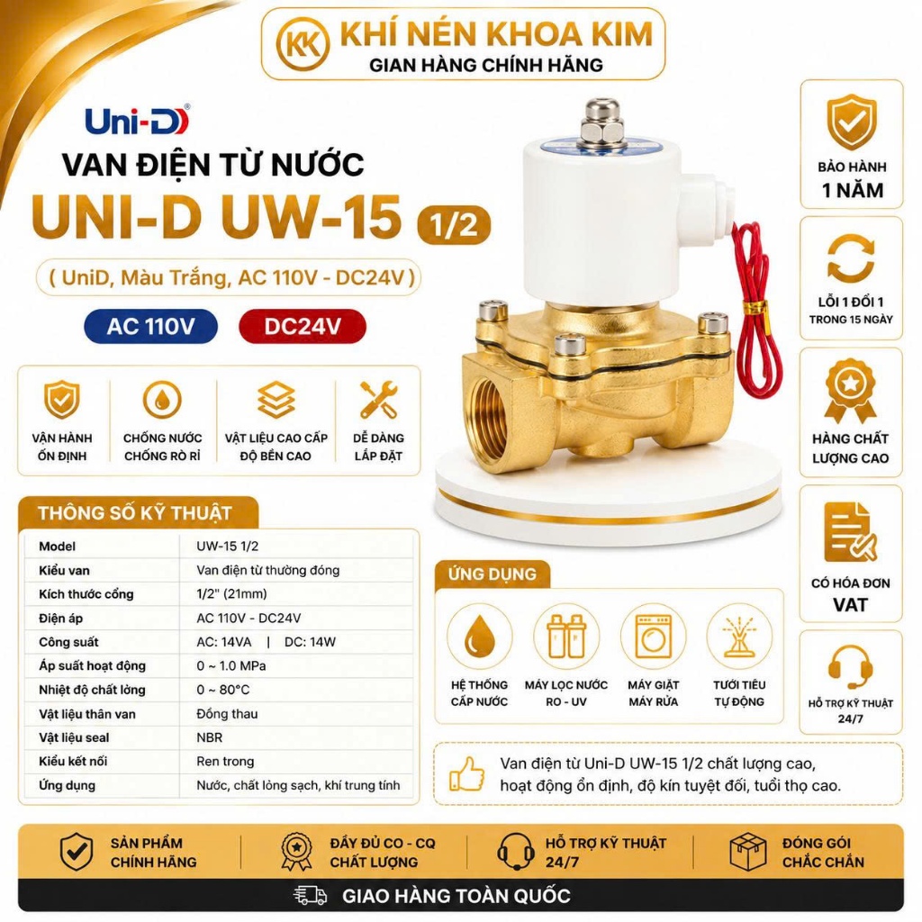 Van Điện Từ Nước UNI-D 220V 24V Thường Đóng Coil Đồng UD8 UW10 UW15 UW20 UW25 KHOA KIM Tưới Tự Động