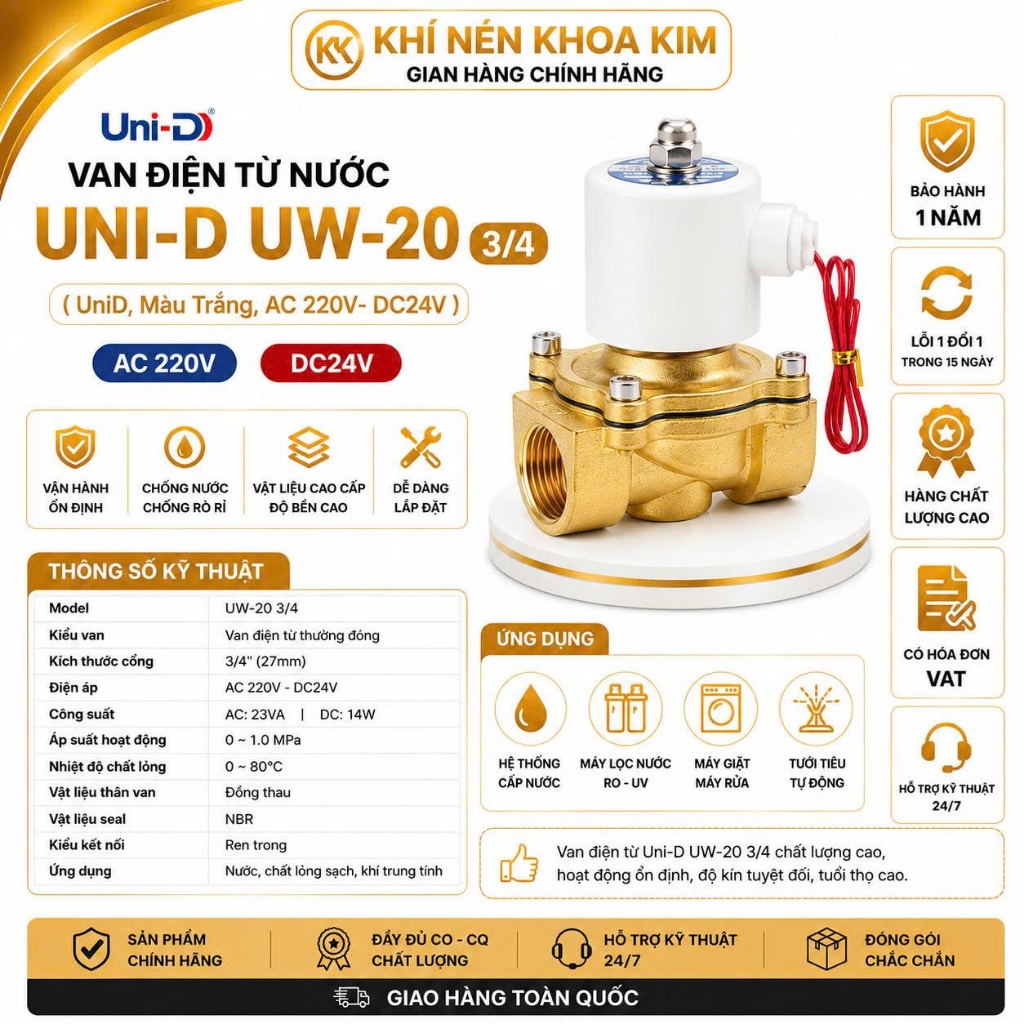 Van Điện Từ Nước UNI-D 220V 24V Thường Đóng Coil Đồng UD8 UW10 UW15 UW20 UW25 KHOA KIM Tưới Tự Động