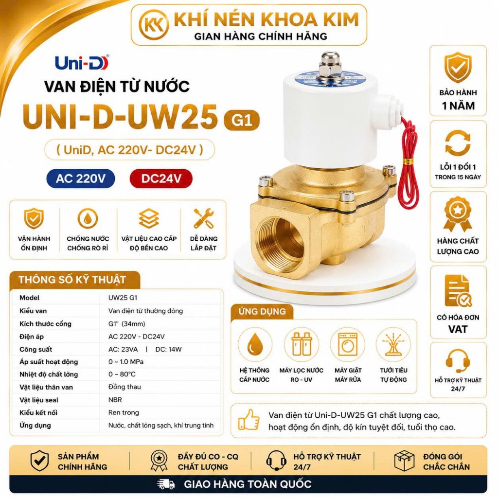 Van Điện Từ Nước UNI-D 220V 24V Thường Đóng Coil Đồng UD8 UW10 UW15 UW20 UW25 KHOA KIM Tưới Tự Động