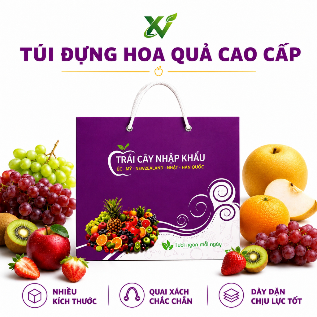 Combo 25 Túi Đựng Trái Cây Bằng Giấy Mẫu Tím Trắng Có Quai Dây Chịu Lực Tiện Xách Nhiều Kích Thước