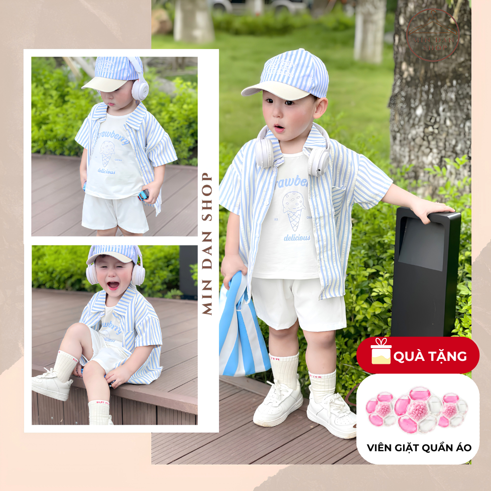 [FULL SET 4 MÓN] Bộ sơ mi kẻ xanh bé trai TẶNG KÈM MŨ và áo ba lỗ Strawberry - Set đồ đi chơi cực chất cho bé