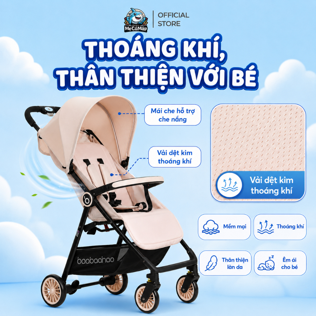 Xe Đẩy Cho Bé Baobaohao A2 Chính Hãng, Xe Đẩy Gấp Gọn Điều Chỉnh 3 Tư Thế, Có Giảm Xóc An Toàn