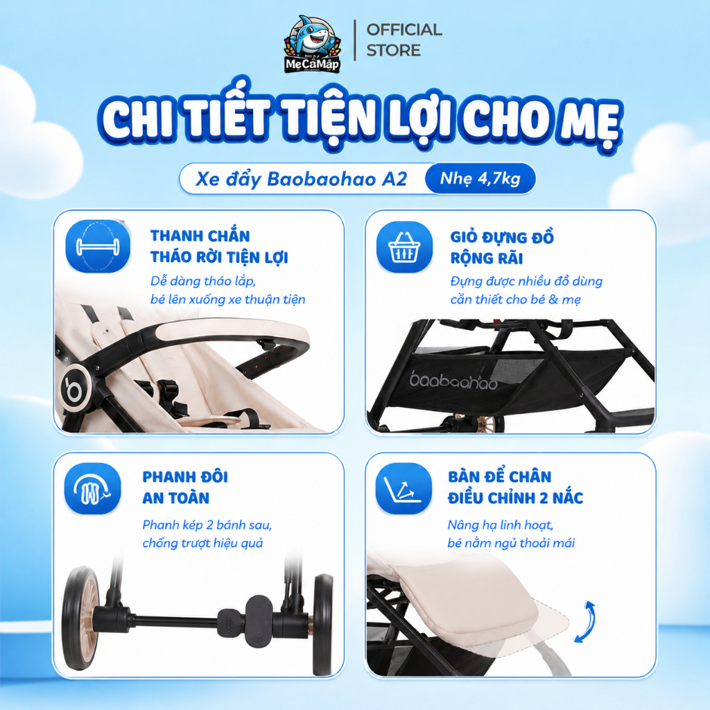 Xe Đẩy Cho Bé Baobaohao A2 Chính Hãng, Xe Đẩy Gấp Gọn Điều Chỉnh 3 Tư Thế, Có Giảm Xóc An Toàn