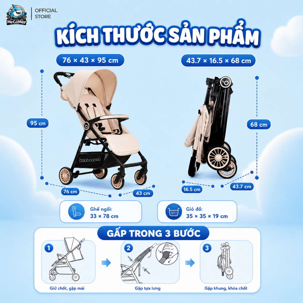 Xe Đẩy Cho Bé Baobaohao A2 Chính Hãng, Xe Đẩy Gấp Gọn Điều Chỉnh 3 Tư Thế, Có Giảm Xóc An Toàn