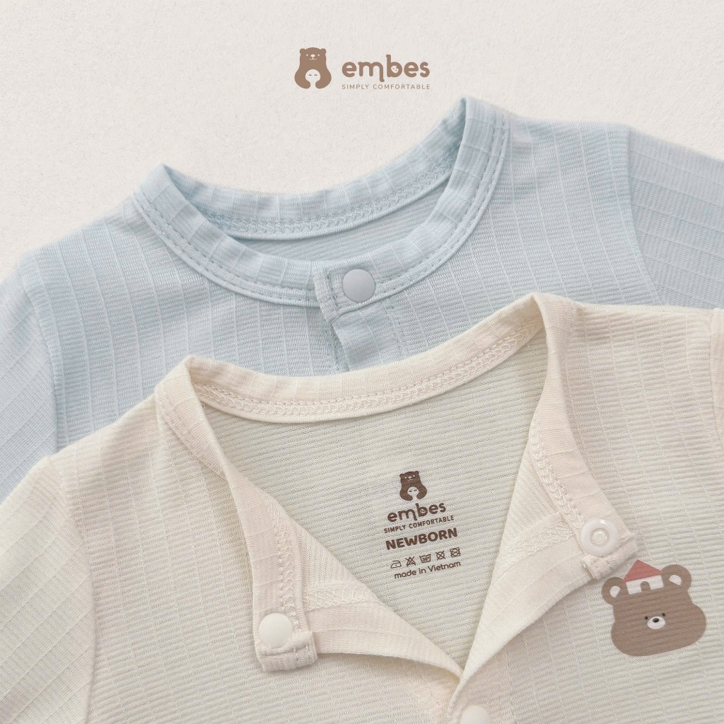Bộ Sơ Sinh Embes, Bộ Dài Tay Sơ Sinh Cài Thẳng Kèm Mũ Chất Bamboo Mềm Mát Cho Bé Sơ Sinh Từ 0-3Tháng