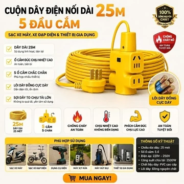 Cuộn Dây Điện Nối Dài 25m 5 Ổ Cắm 2A, Ổ Điện Kéo Dài Dạng Cuộn Dùng Gia Đình Công Trình