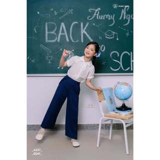 [HÀNG MỚI VỀ]Set đi học bé gái 18-45kg HUMY NGO_Áo sơ mi trắng cổ sen tay bồng nhẹ mát & quần dài suông lưng thun co dãn