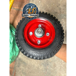 Combo bộ 2 bánh xe đẩy bánh 200mm đỏ cao su đặc, kèm trục 18 đầu tiện 17, kèm ốc + vòng đệm, kích thước trục tính phủ bì