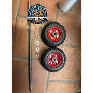 Combo bộ 2 bánh xe đẩy bánh 200mm đỏ cao su đặc, kèm trục 18 đầu tiện 17, kèm ốc + vòng đệm, kích thước trục tính phủ bì