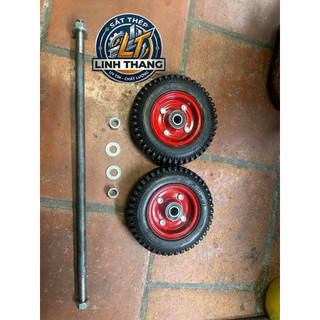 Combo bộ 2 bánh xe đẩy bánh 200mm đỏ cao su đặc, kèm trục 18 đầu tiện 17, kèm ốc + vòng đệm, kích thước trục tính phủ bì
