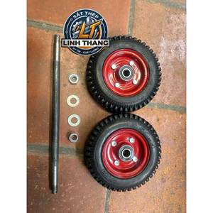 Combo bộ 2 bánh xe đẩy bánh 200mm đỏ cao su đặc, kèm trục 18 đầu tiện 17, kèm ốc + vòng đệm, kích thước trục tính phủ bì