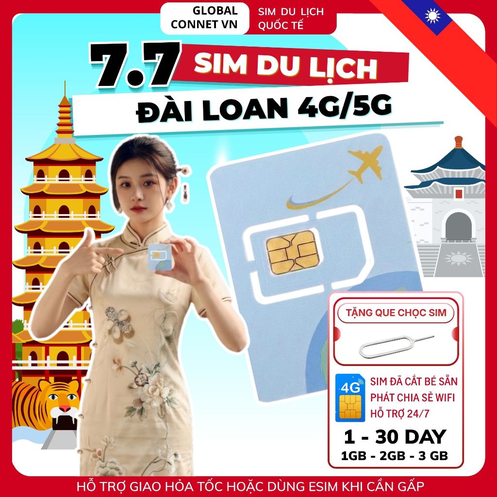 Sim Du Lịch ĐÀI LOAN [1 - 30 Ngày] 4G/ 5G Tốc Độ Cao Và Ổn Định - Tặng Kèm Cây Chọc Sim"