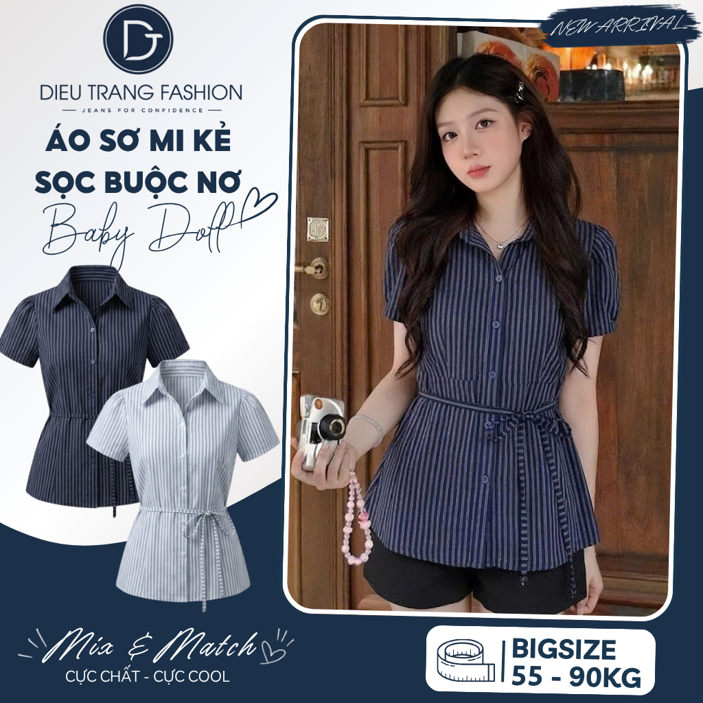 Áo Sơ Mi Nữ Kẻ Sọc Buộc Nơ Eo Tay Phồng Chất Linen Big Size 55-90Kg AT9117 Dieu Trang Fashion