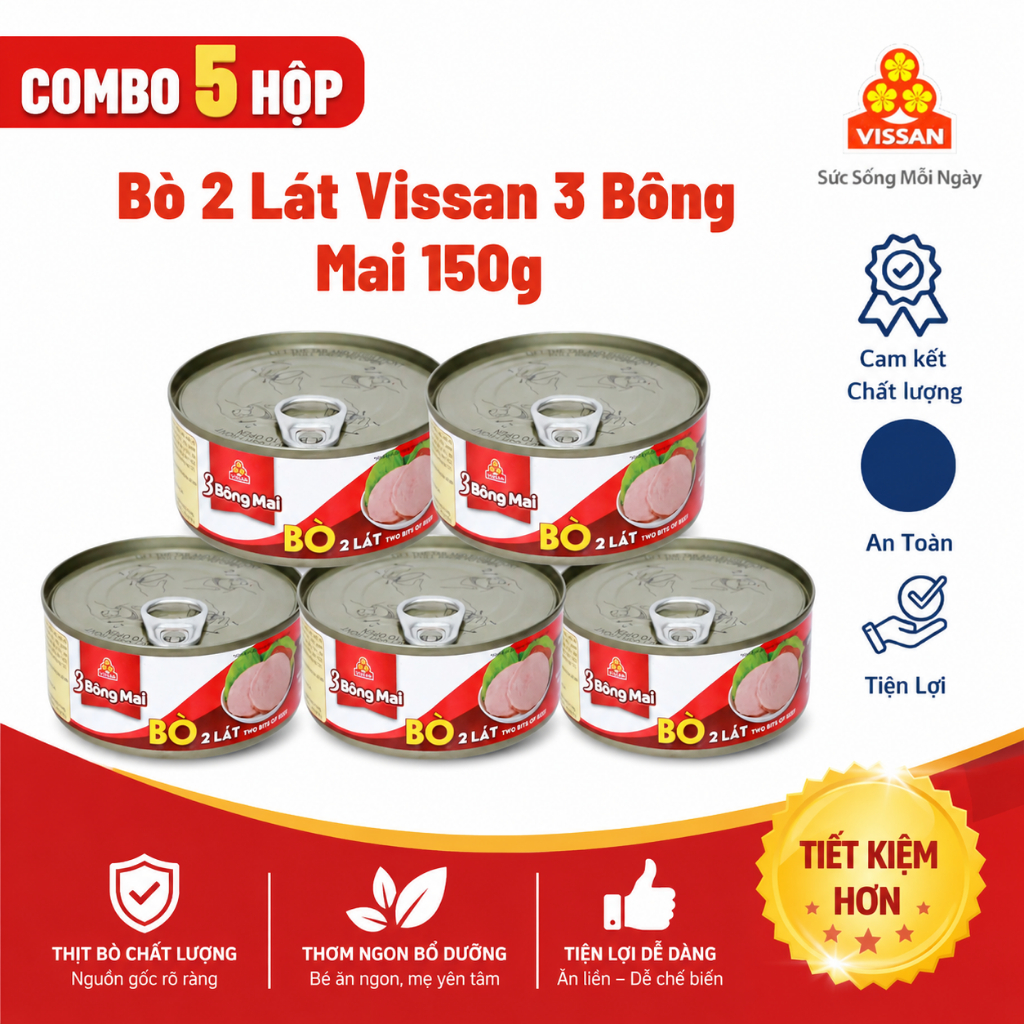 [Combo 5 Hộp] Bò 2 Lát 3 Bông Mai Vissan – Date 2028, HSD 36 Tháng, Ăn Liền Tiện Lợi